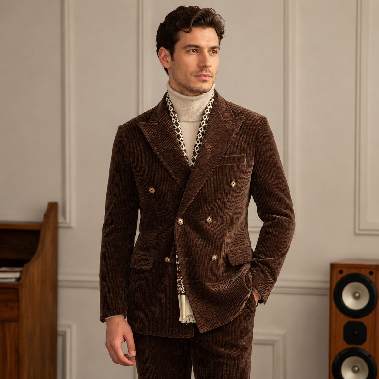 Gentleman Style Double Row Buckle Groove Bar Chenier Suit Set