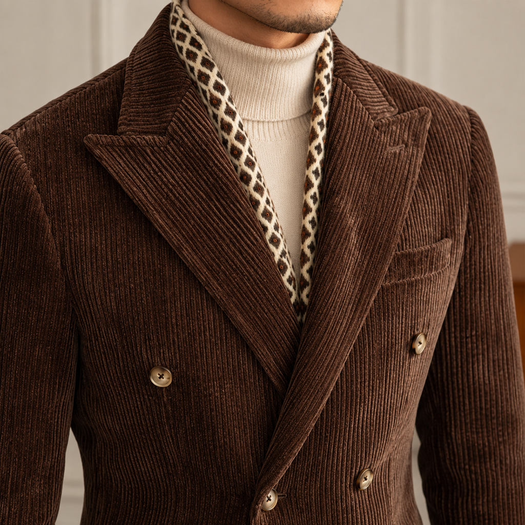 Gentleman Style Double Row Buckle Groove Bar Chenier Suit Set