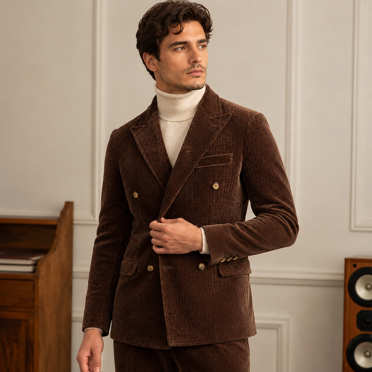 Gentleman Style Double Row Buckle Groove Bar Chenier Suit Set