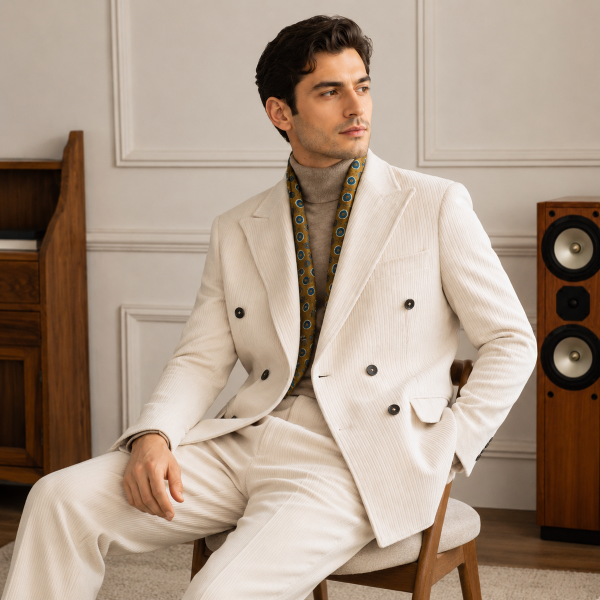 Gentleman Style Double Row Buckle Groove Bar Chenier Suit Set
