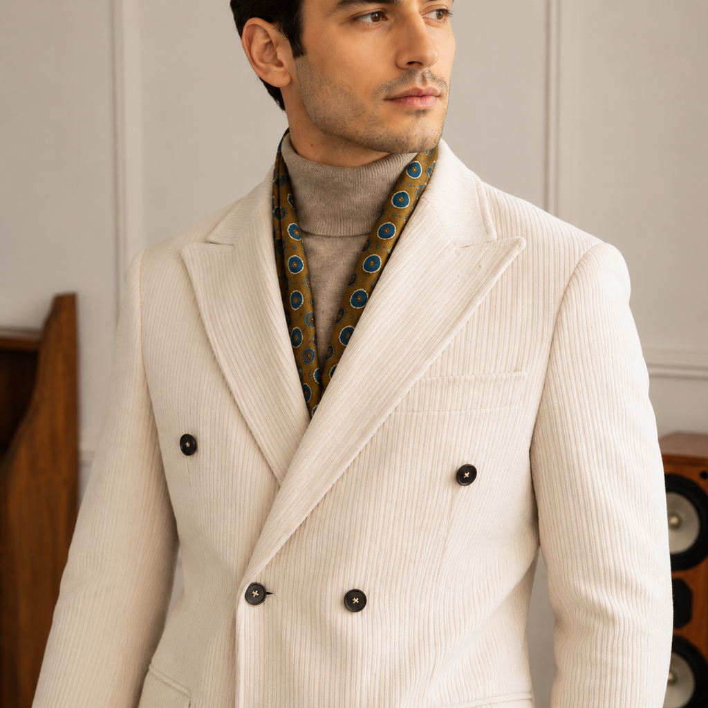 Gentleman Style Double Row Buckle Groove Bar Chenier Suit Set