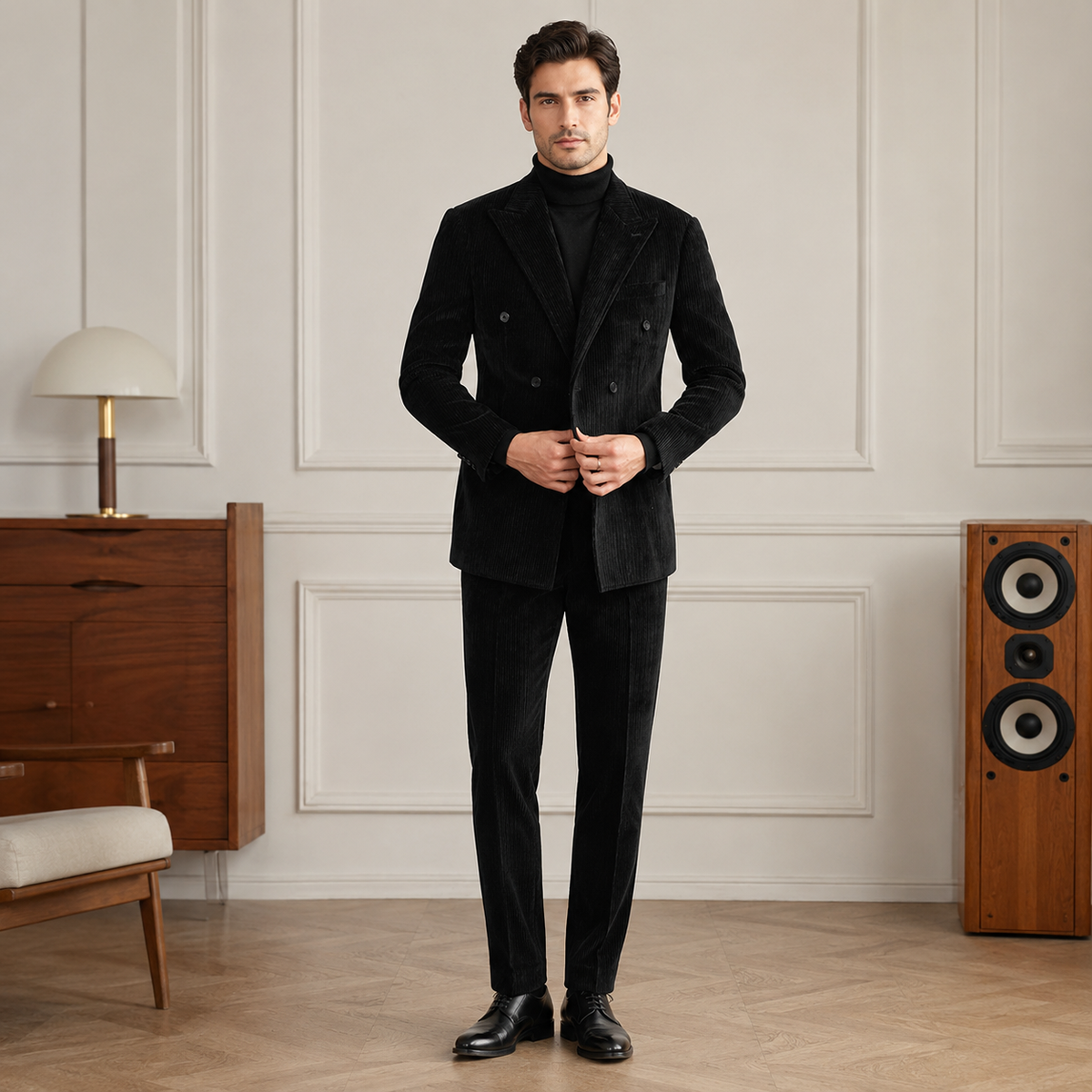 Gentleman Style Double Row Buckle Groove Bar Chenier Suit Set