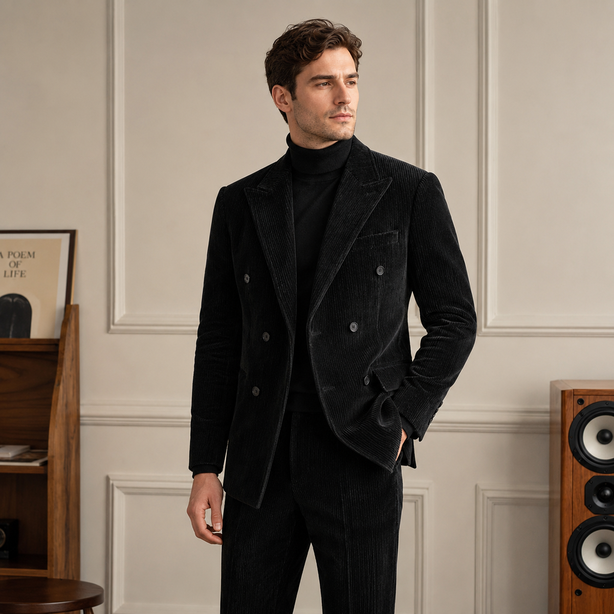 Gentleman Style Double Row Buckle Groove Bar Chenier Suit Set