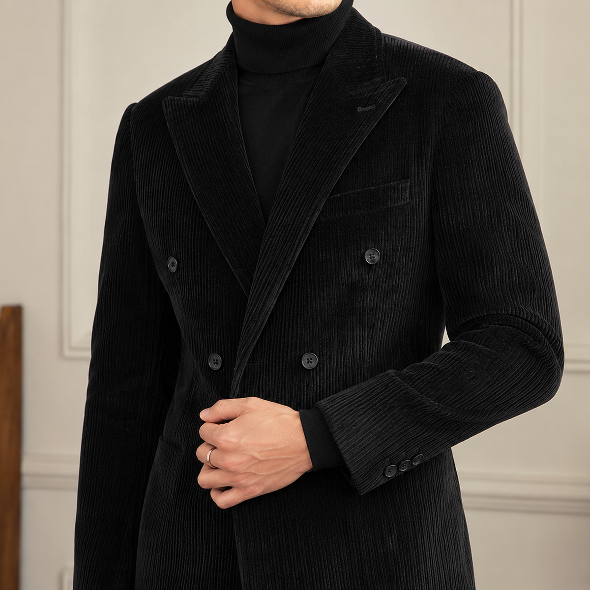 Gentleman Style Double Row Buckle Groove Bar Chenier Suit Set