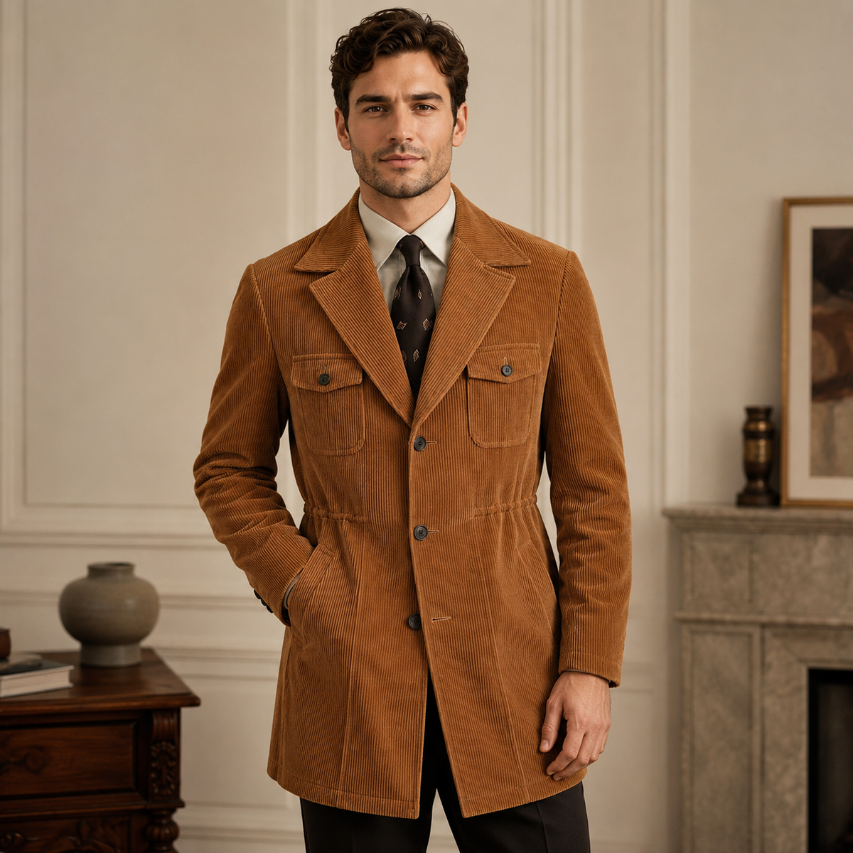 Retro-Cord-Slim-Fit-Safari-Baumwoll-Gentry-Jacke