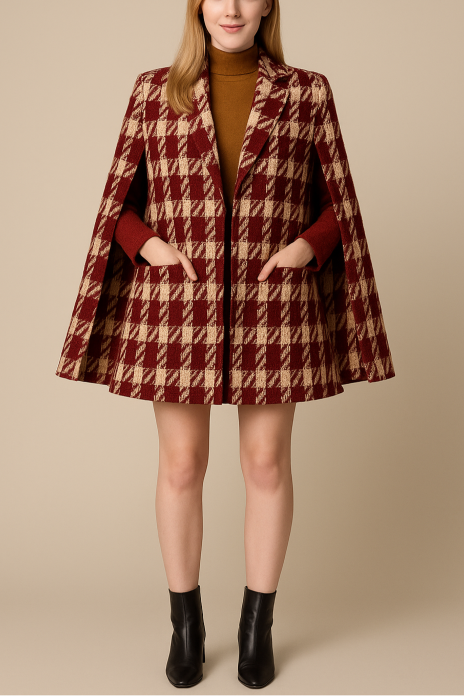 Houndstooth Woolen Cape Coat & Shorts – Elegant & Fashionable Set