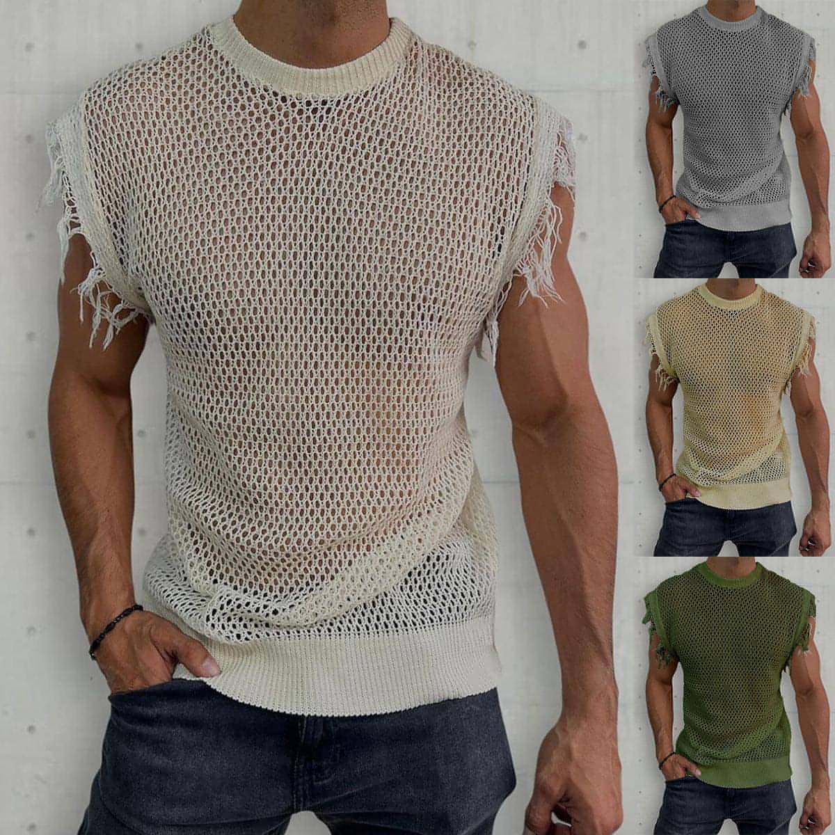 Sommer Strickweste Rundhals Ärmellos T-Shirt (Tank-Top) Herren