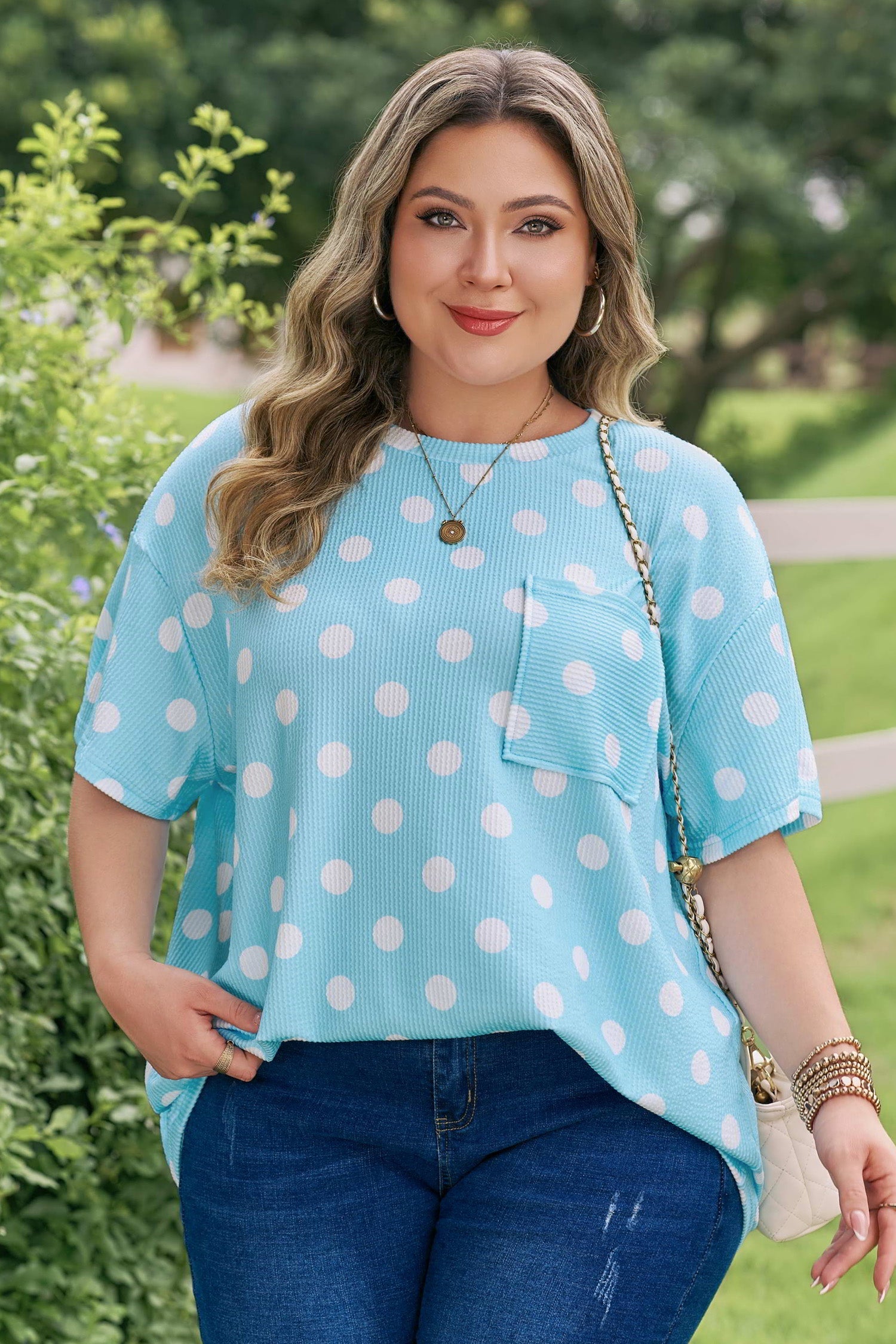 Pink Twisted Rib Polka Dot Print Plus Size T Shirt