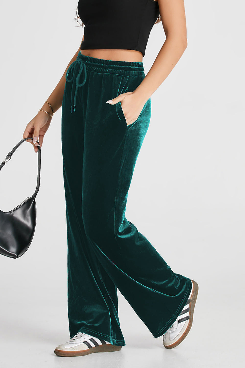 Calça de perna larga de cordão sólida e sempre verde