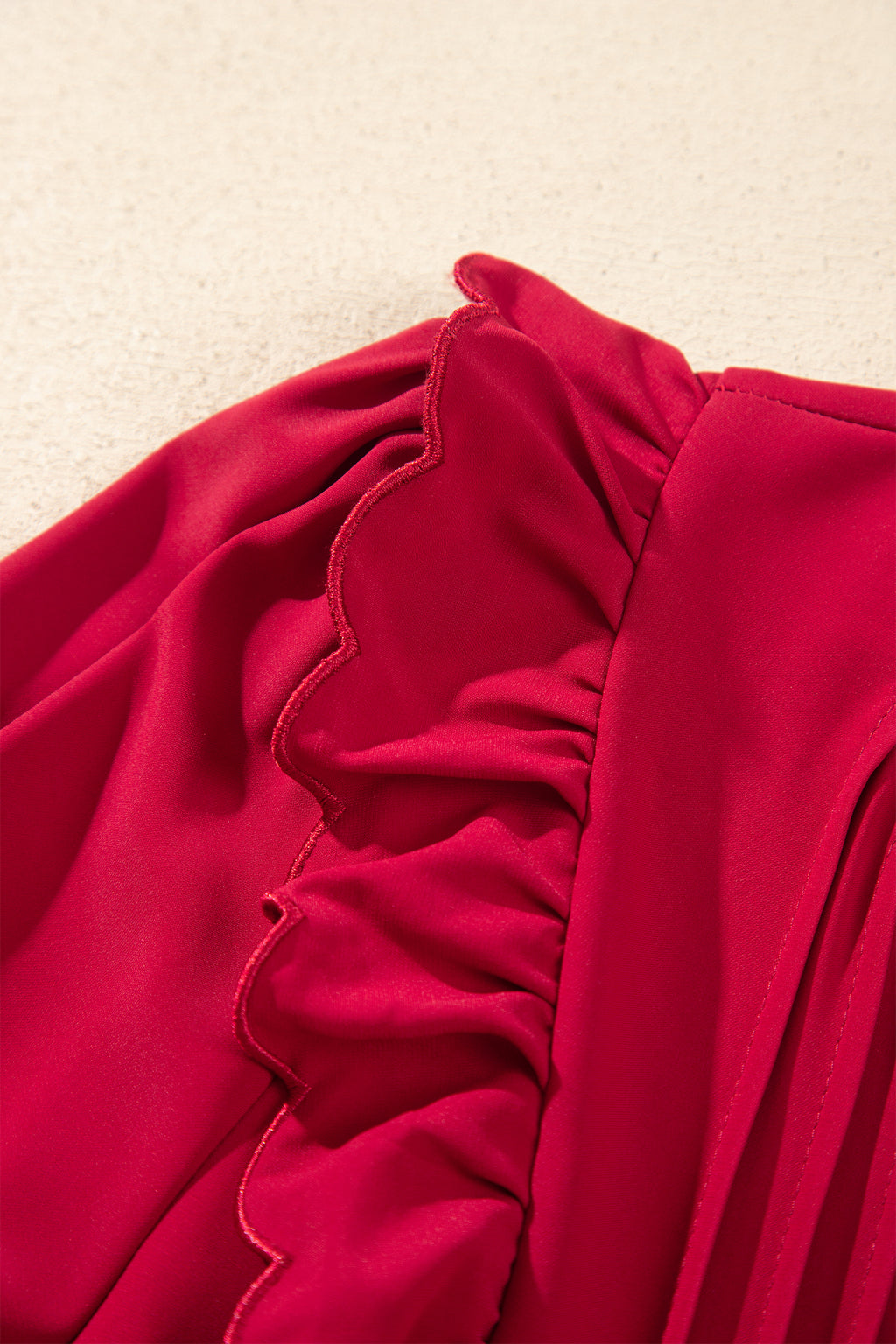 Racing Red Solid Color Ruffle Trim Long Sleeve Tiered Shift Midi Dress