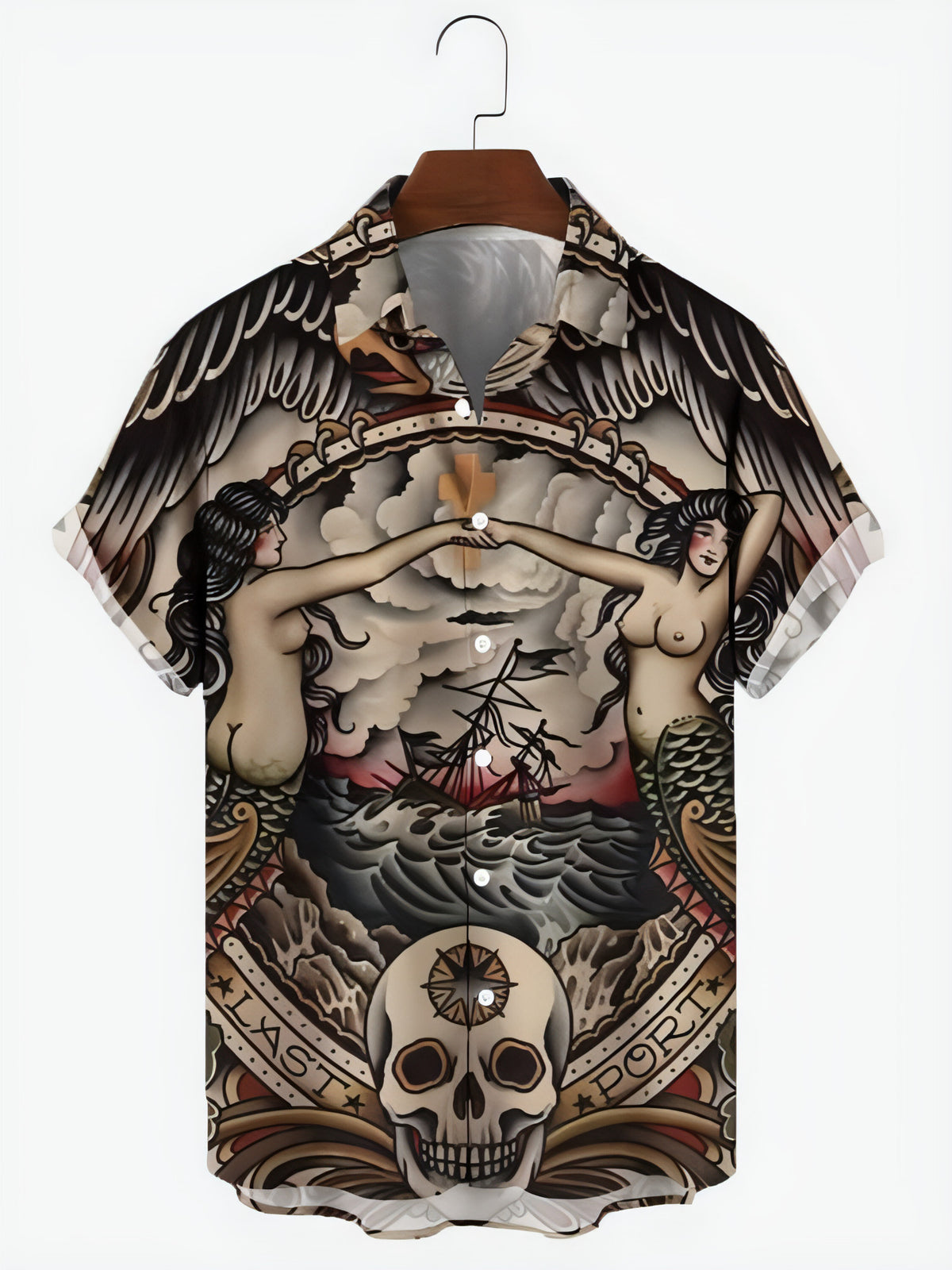 Herrenhemd mit Totenkopf- und Rosen-Print
