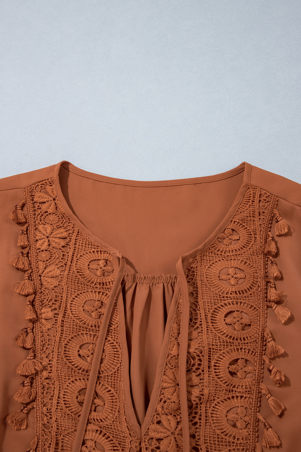 Chestnut Boho V Neck Embroidered Tassel Long Sleeve Plus Size Blouse