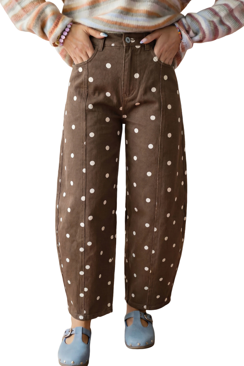 Pink Tailored Seam Polka Dot Print Barrel Casual Jeans