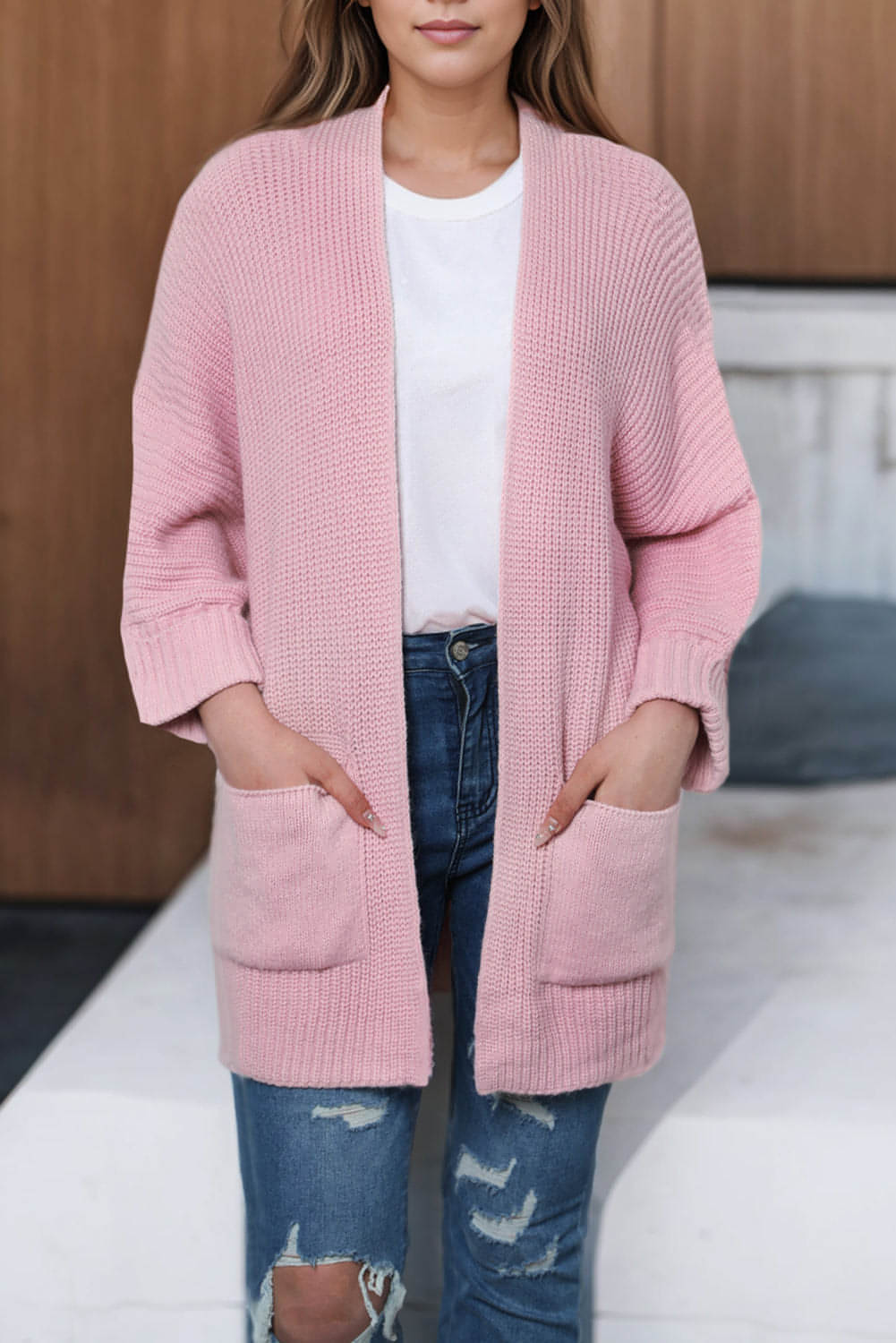 Cardigan frontale aperto con maniche ripiegate oversize rosa