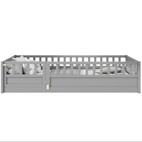MontessoriPlay™ – Twin Size Wooden Floor Bed with Safety Rails & Door (US Warehouse)