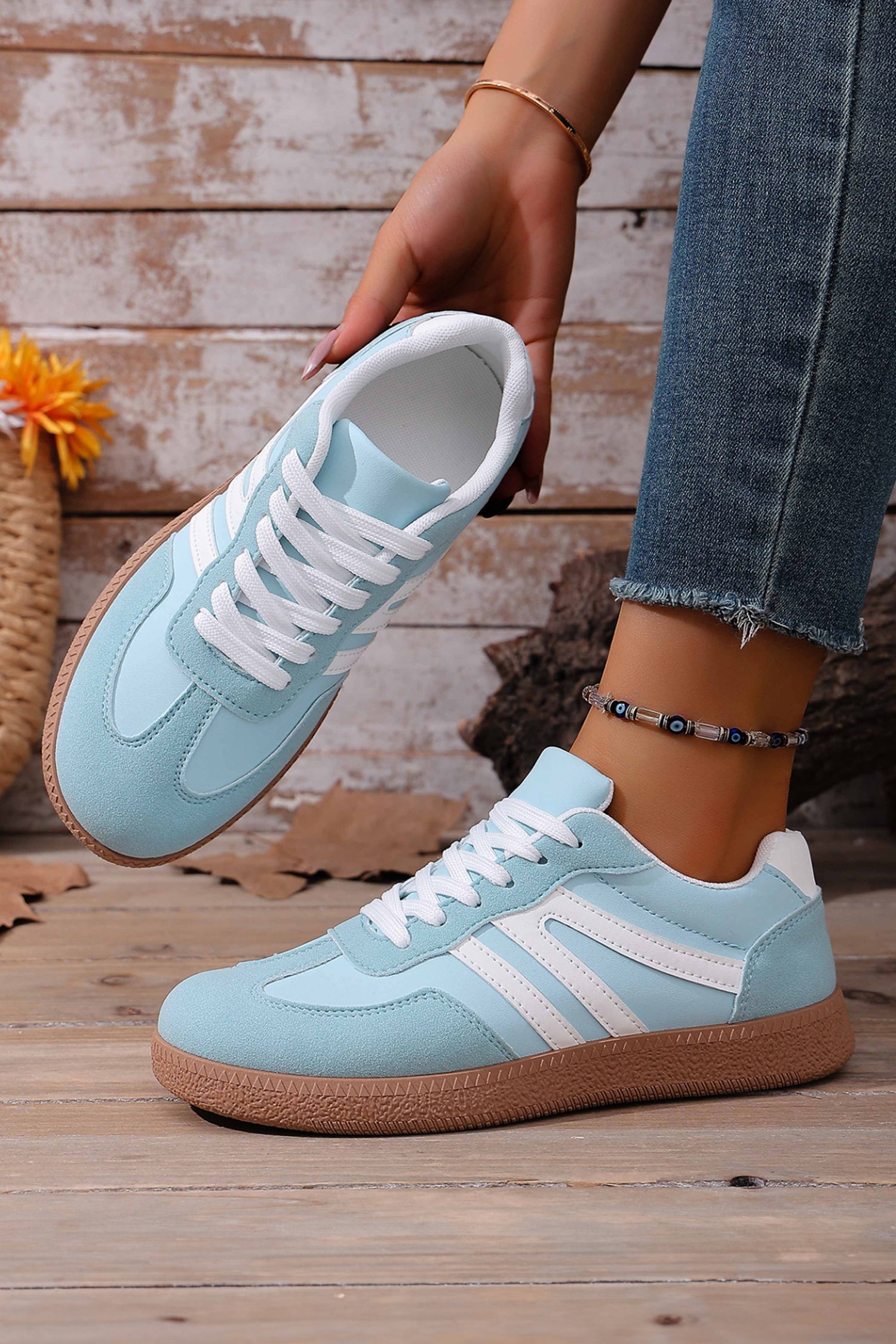 Dusk Blue Faux Suede PU Leather Color Block Patchwork Lace-up Shoes