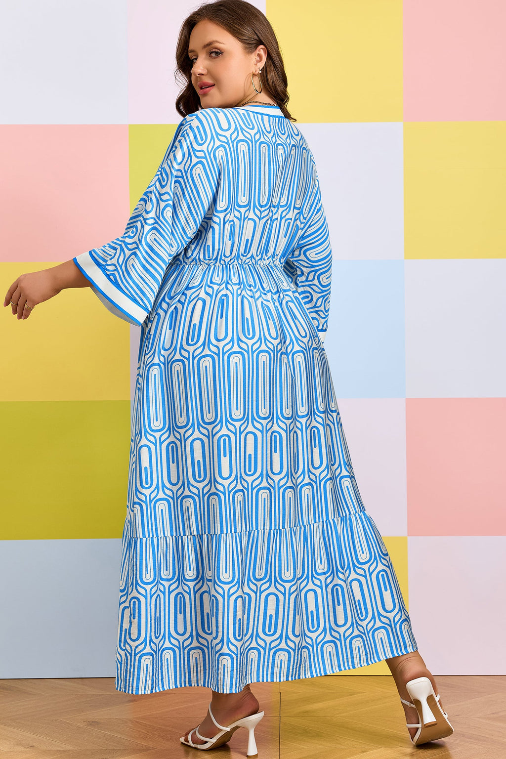 Sky Blue Plus Size Geometric Print Contrast Trim V Neck Bracelet Sleeve Long Dress