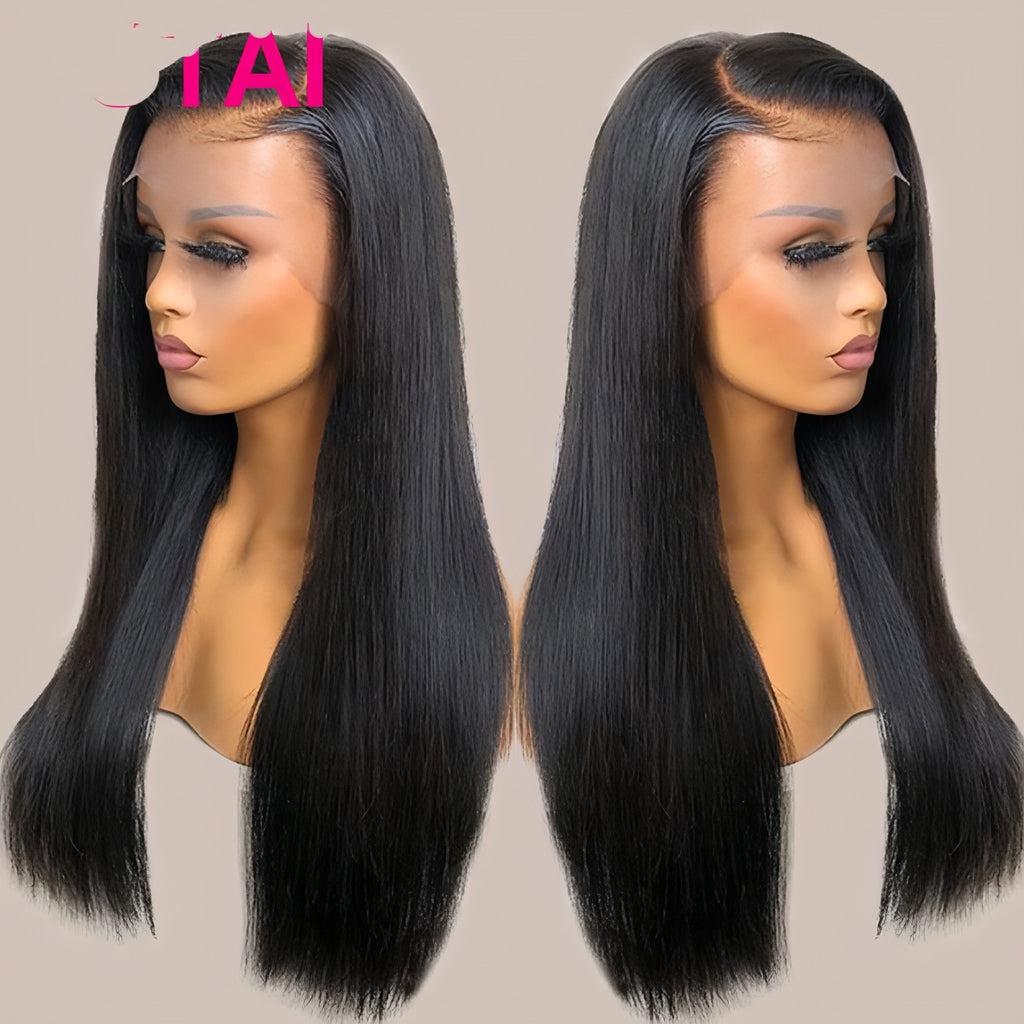 LuxeWave - Real Human Hair Lace Wig Set Straight Hair Black Medium Length