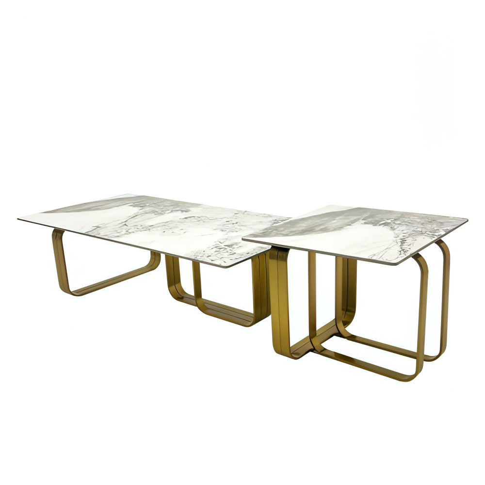 LuneluX_Home – Modern Sintered Stone Coffee Table Set with Gold Frame (2 pcs)