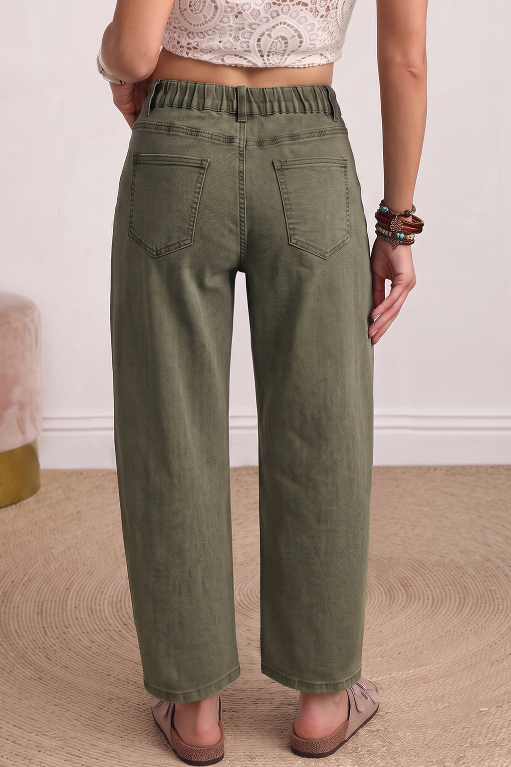 Coffee Solid Color Square Patch Pocket Ankle-length Barrel Jeans