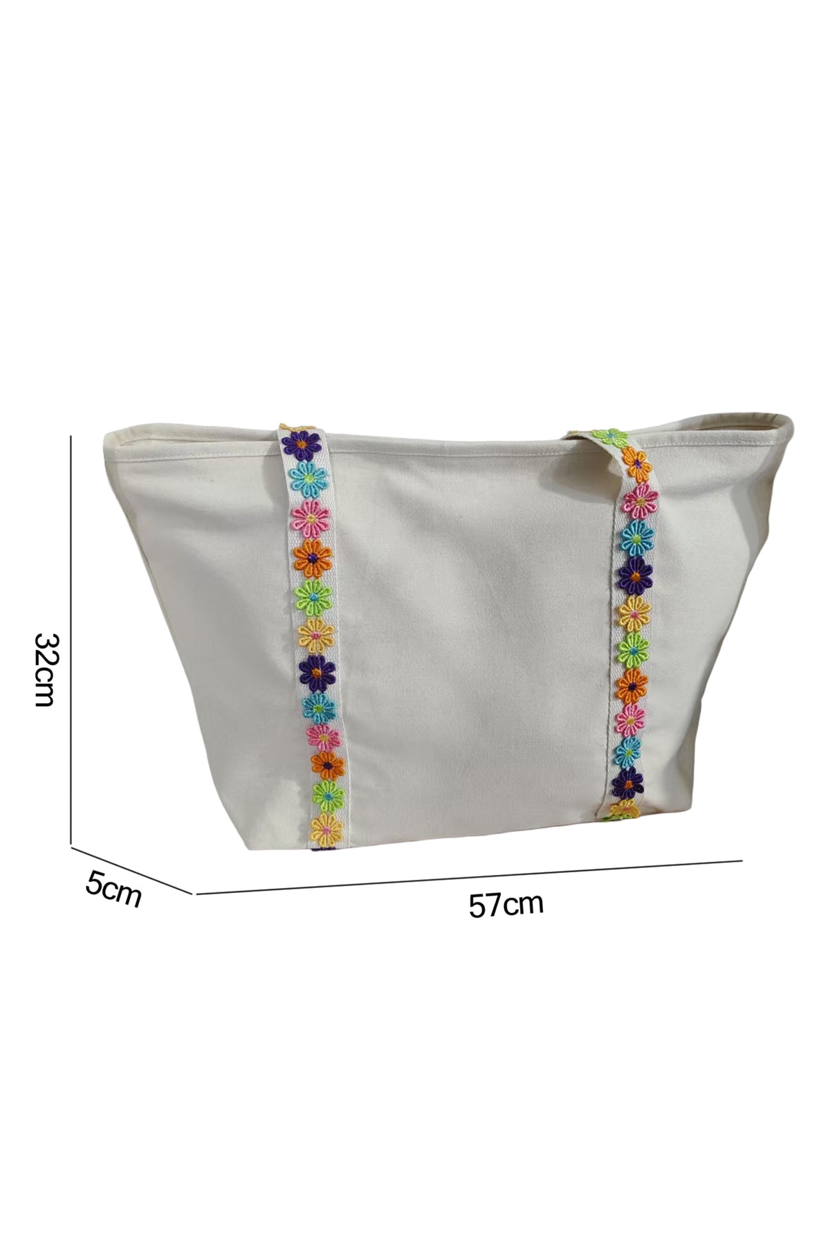 White Canvas Tote Bag with Embroidered Floral Strap Detail
