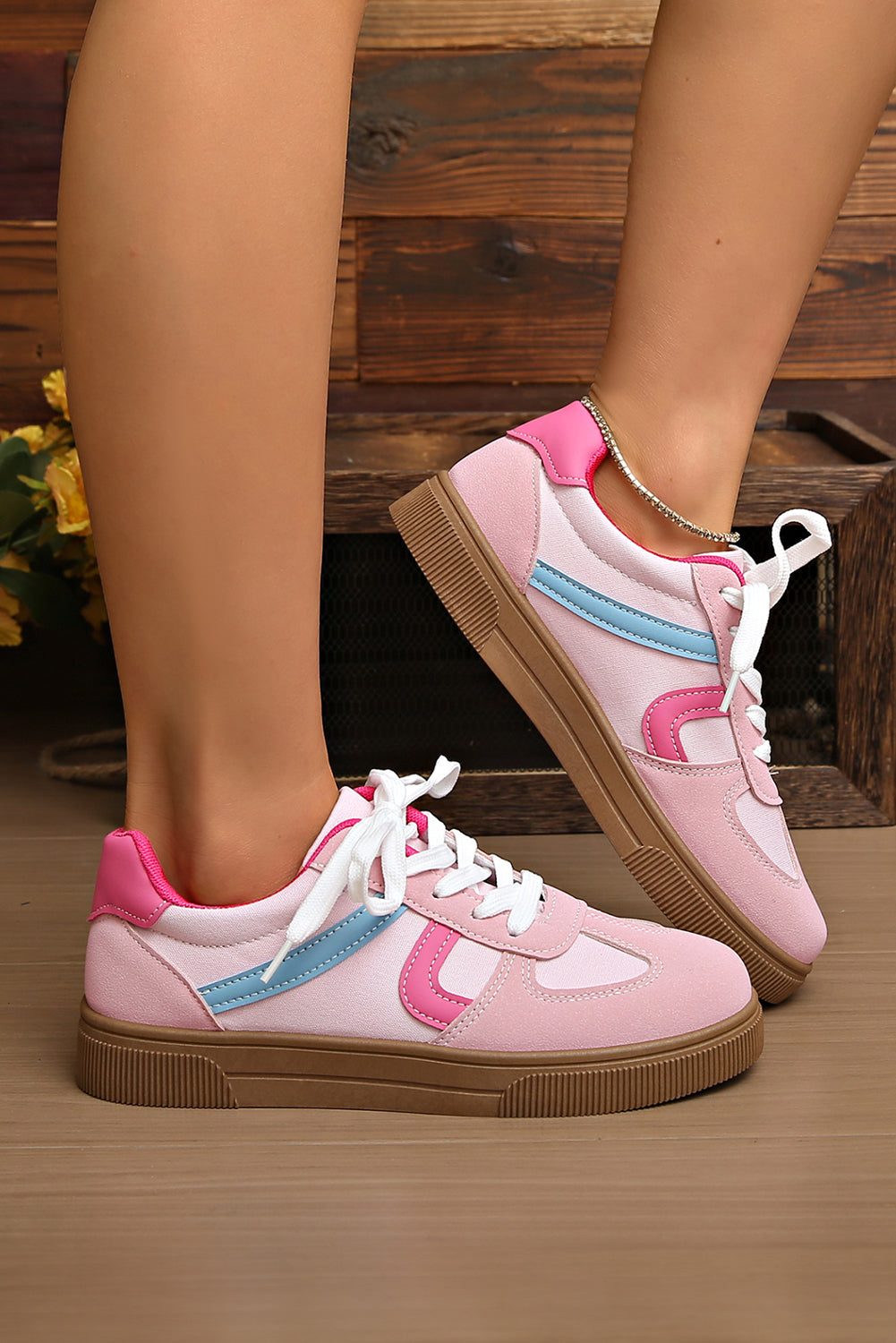 Rose Red Color Block PU Leather Patchwork Lace Up Flat Shoes