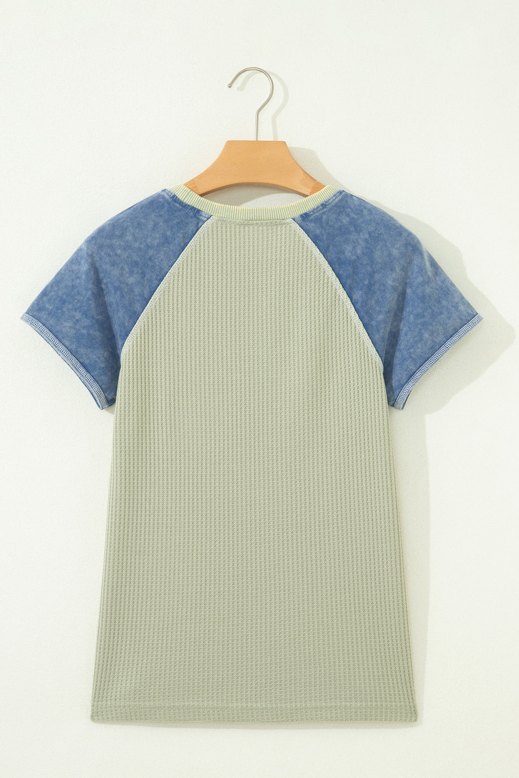 Laurel Green Waffle Knit Seam Detail Color Block Patchwork Short Sleeve Top