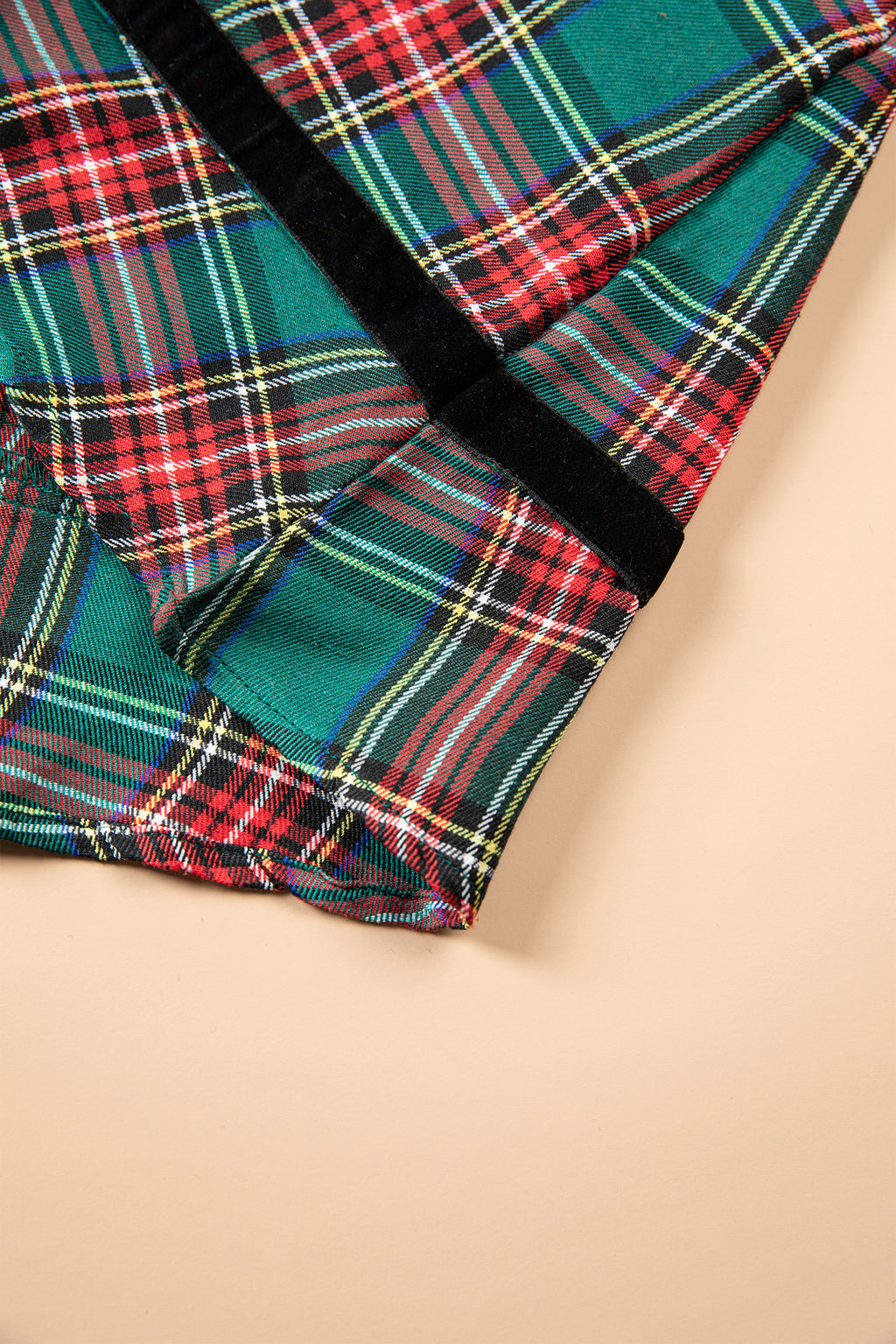 Green Plaid Velvet Trim Pockets Short Shift Dress