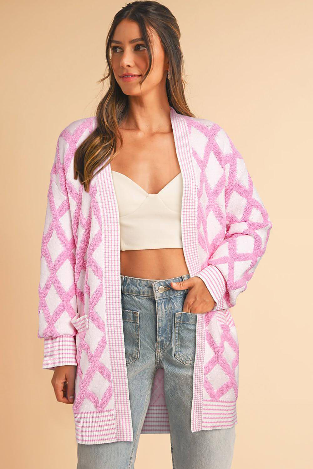 Pink Rhombus Muster Stricker vorne steckte Cardigans
