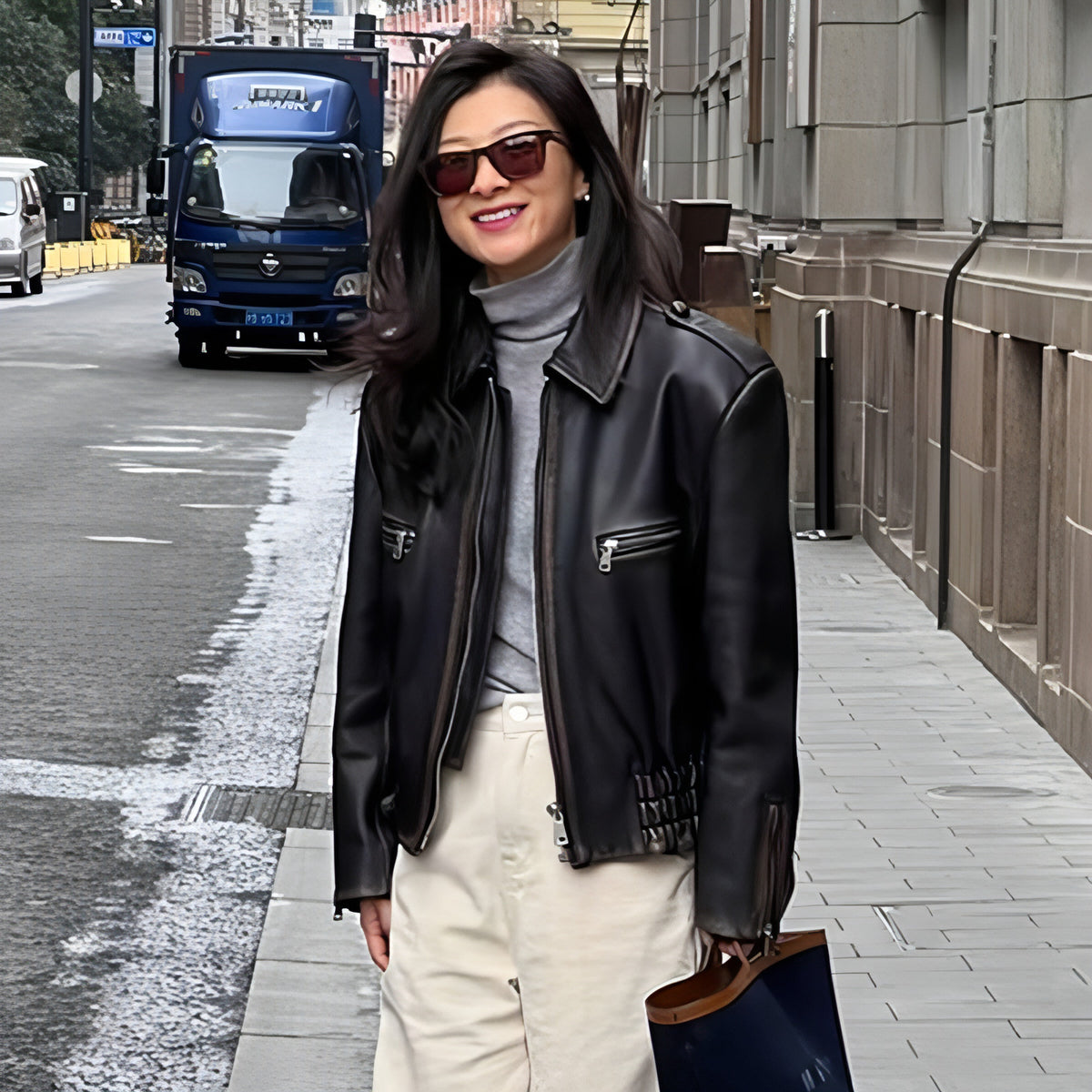 Damen Schaffellmantel Retro Biker Ledermantel