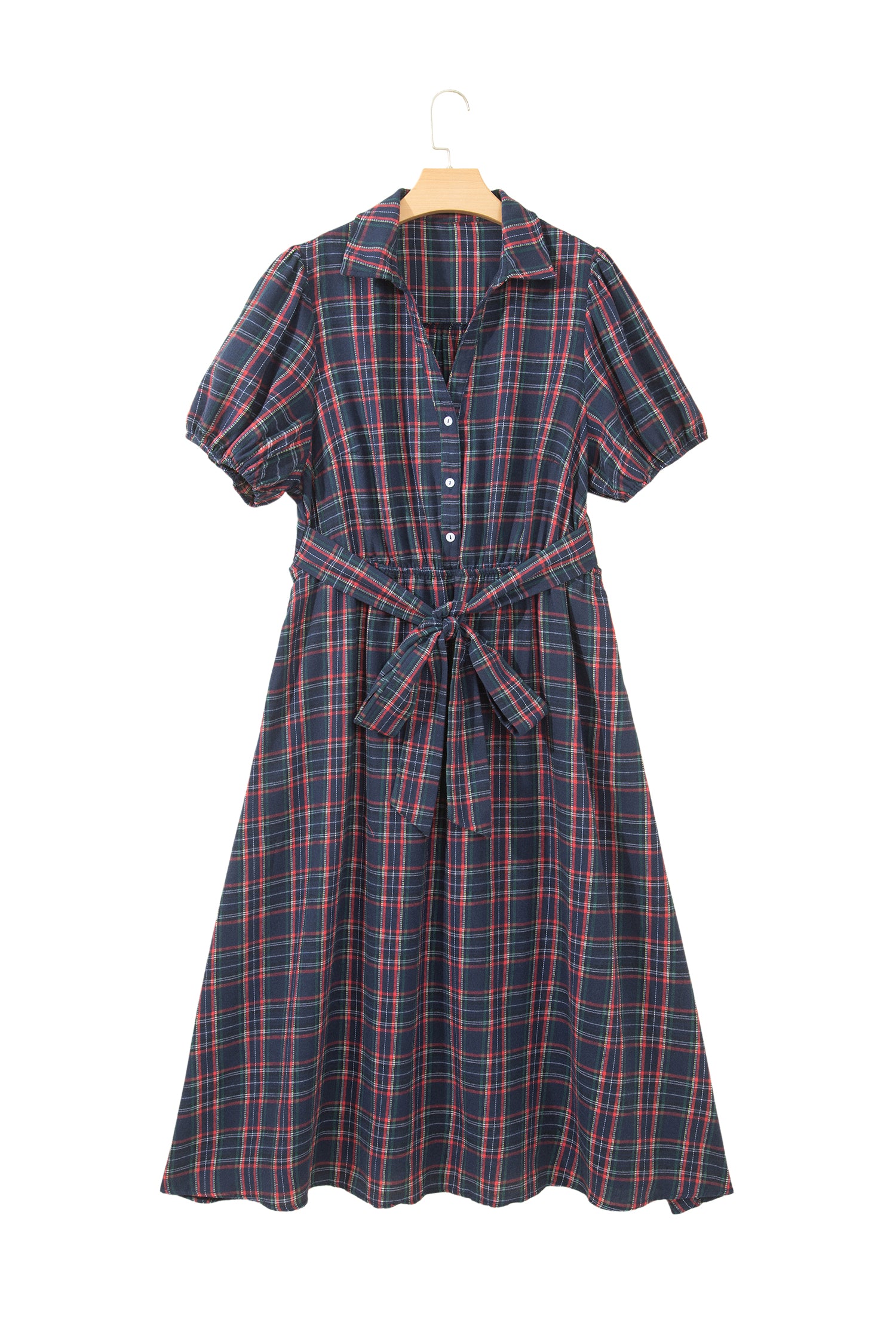 Black Plaid V Neck Belted Waist Short Sleeve Plus Size Dress