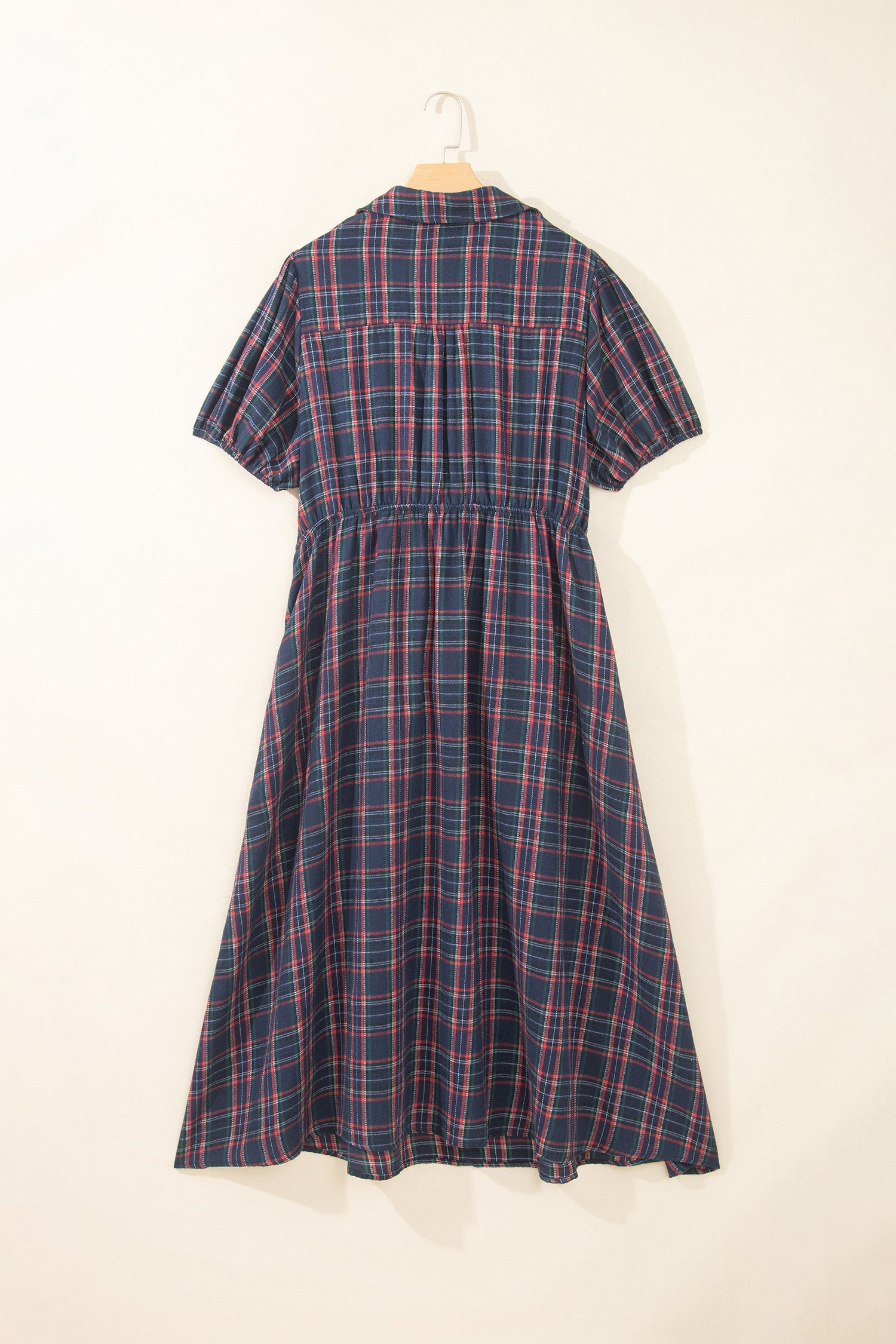 Black Plaid V Neck Belted Waist Short Sleeve Plus Size Dress