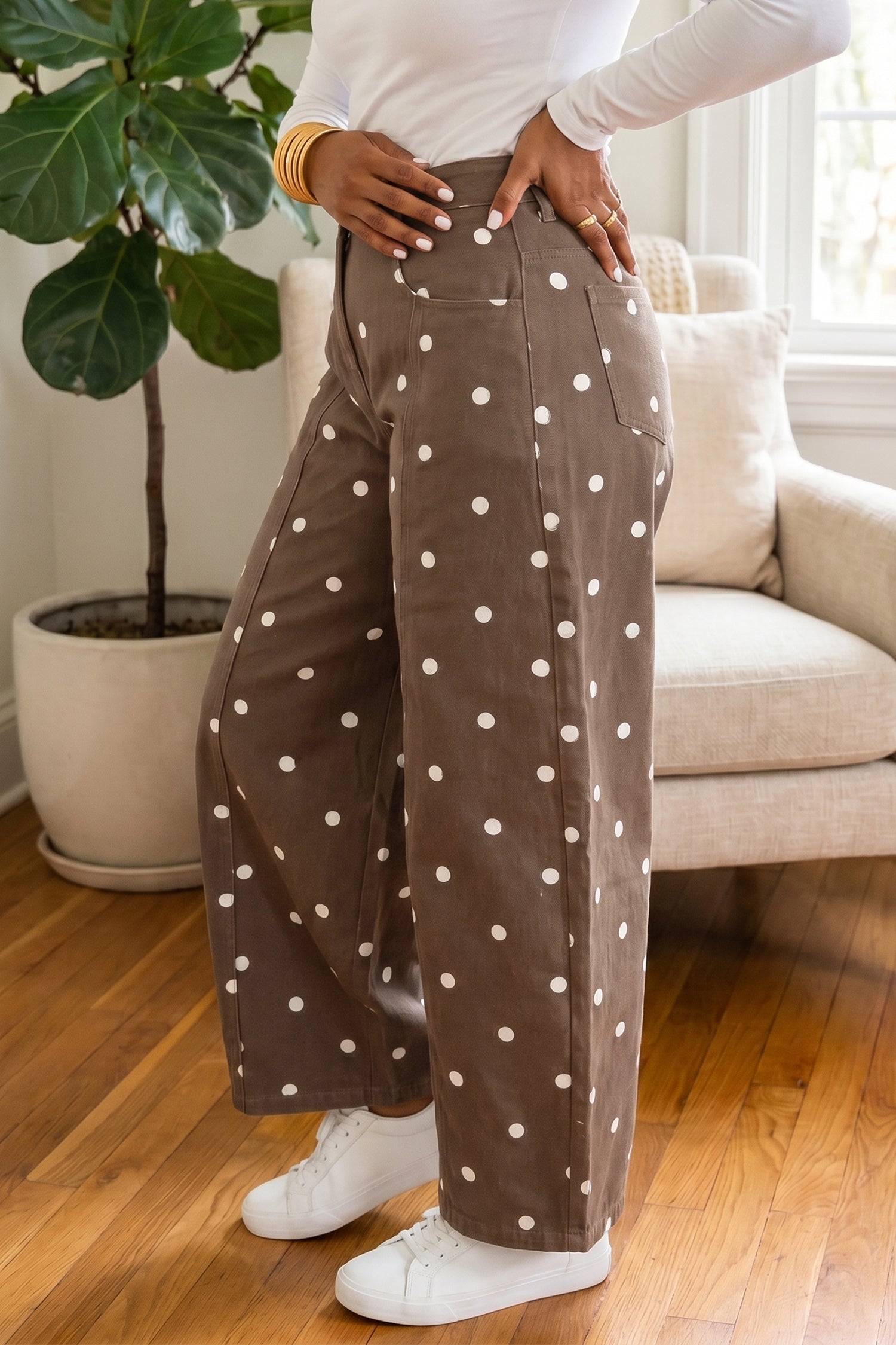 Pink Tailored Seam Polka Dot Print Barrel Casual Jeans