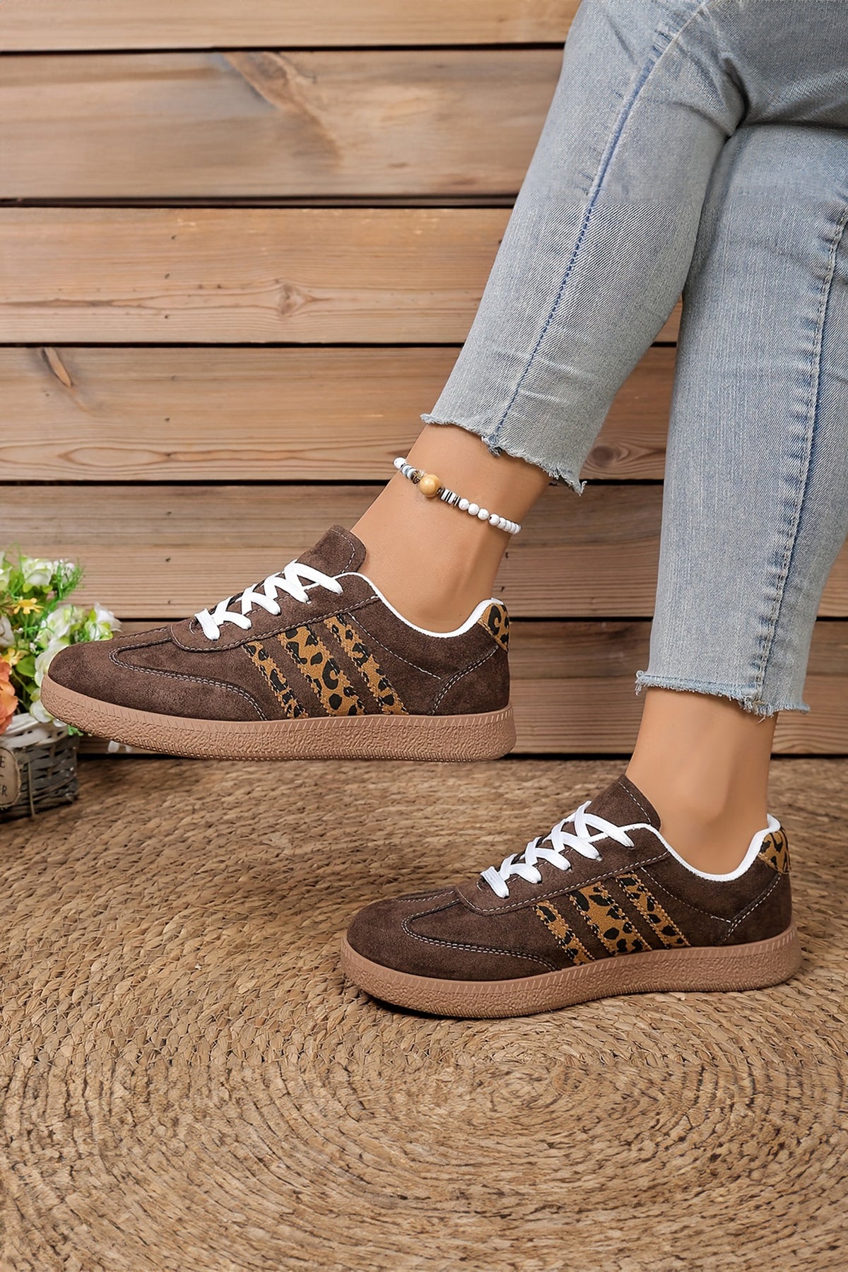 Coffee Contrast Lace-up Leopard Patchwork Detail Faux Suede Shoes