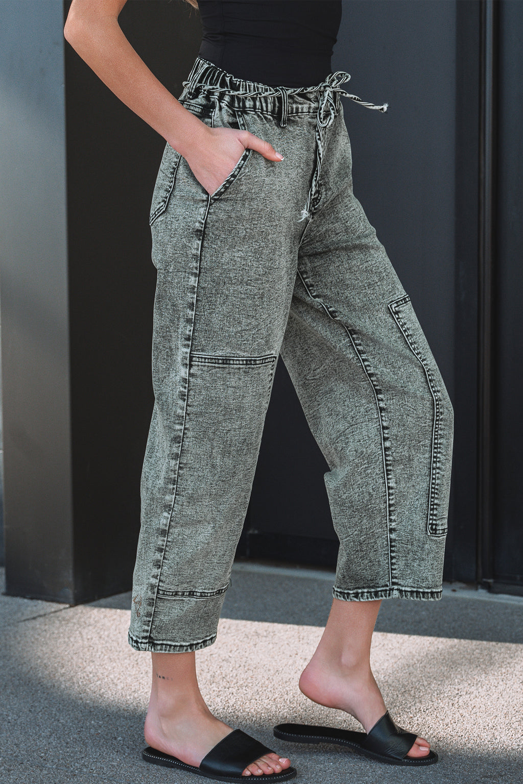 Gray Acid Wash Tie Waist Denim Pants