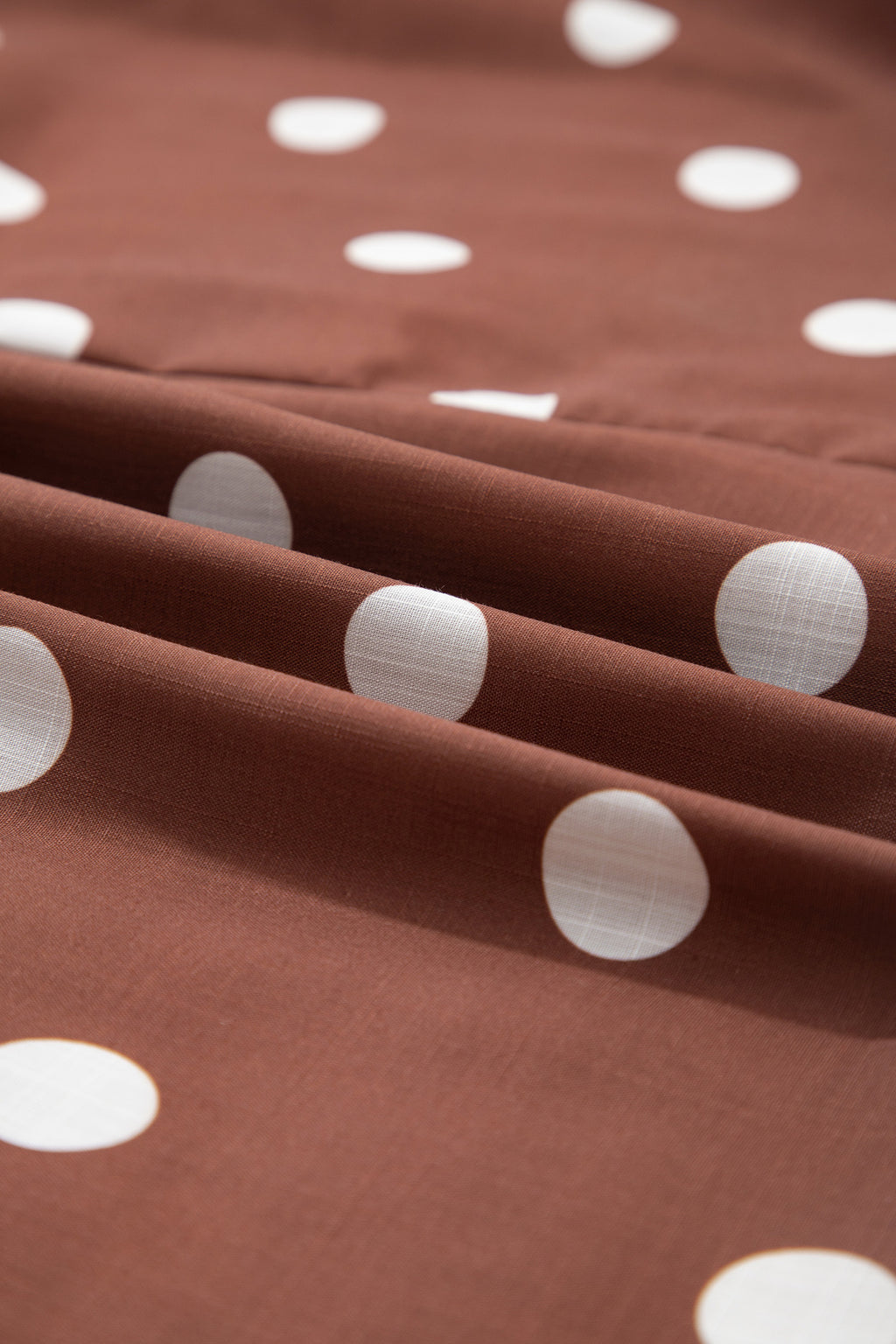 Brown Polka Dot V Neck Abdomen Pocket Gathered Cuffs Long Sleeve Shift Plus Size Dress