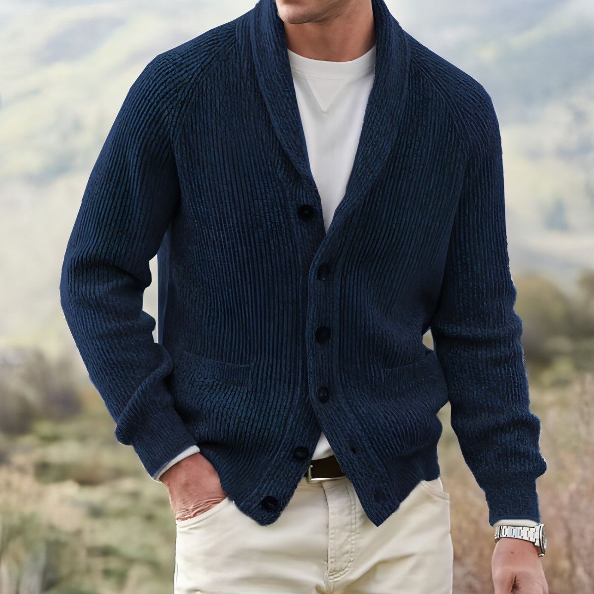 Herren-Cardigan-Mantel mit Revers und mehreren Knöpfen