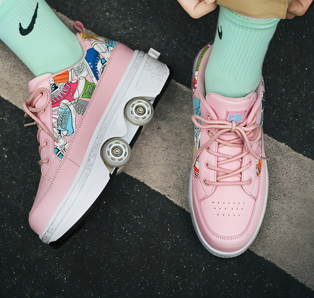 Sapatos sapatos transformadores de quatro rodas de uso duplo patins de linha dupla rolo heelys patinando os sapatos de patinação mulheres mulheres