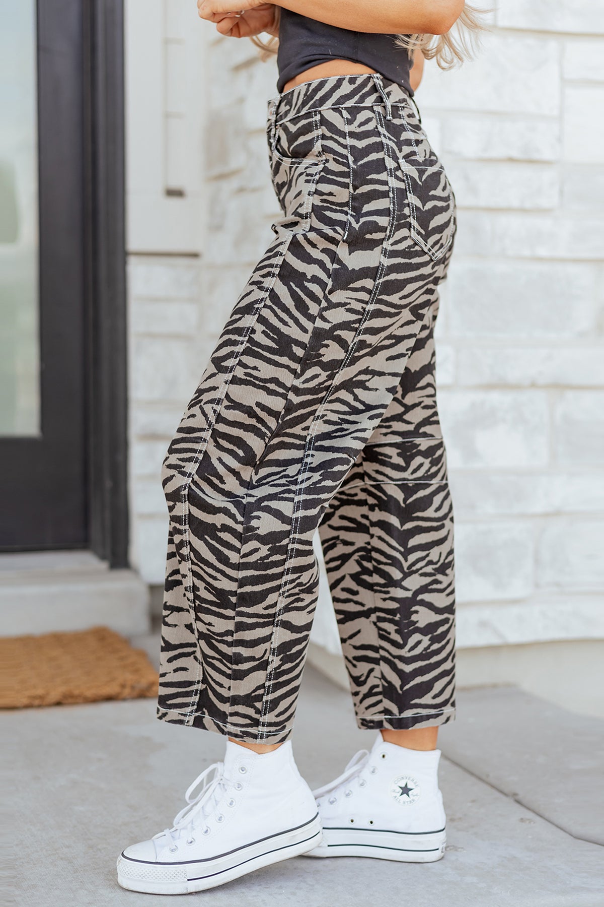 Gray Zebra Stripe Printed Wide Leg Barrel Jeans