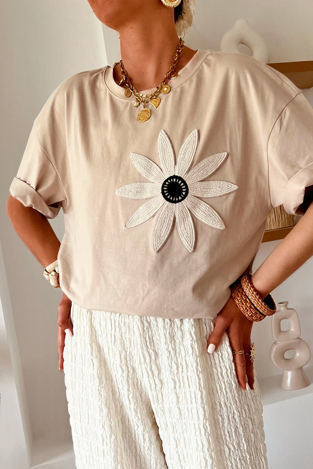 Oatmeal Contrast Crochet Floral Graphic Drop Shoulder Loose Tee