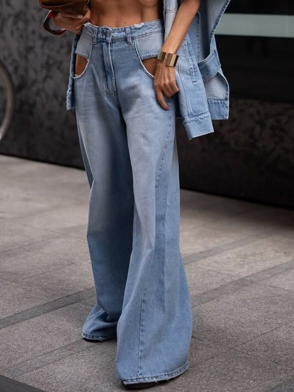 Hollow Wide-Leg Jeans – Bold Cutouts, Loose Fit, Urban Cool