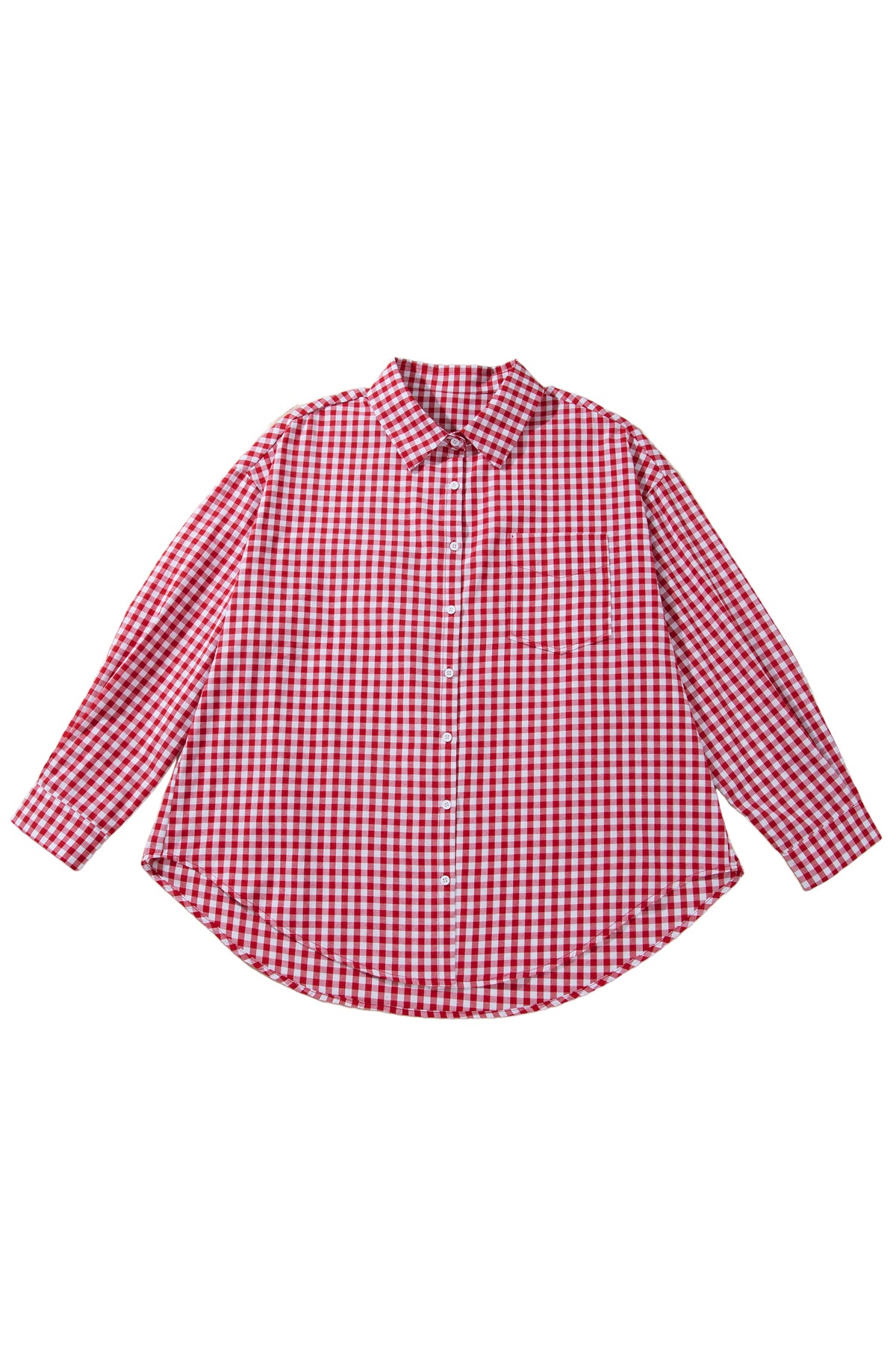 Red Plaid V Neck Long Sleeve Tunic Loose Fit Plus Size Shirt