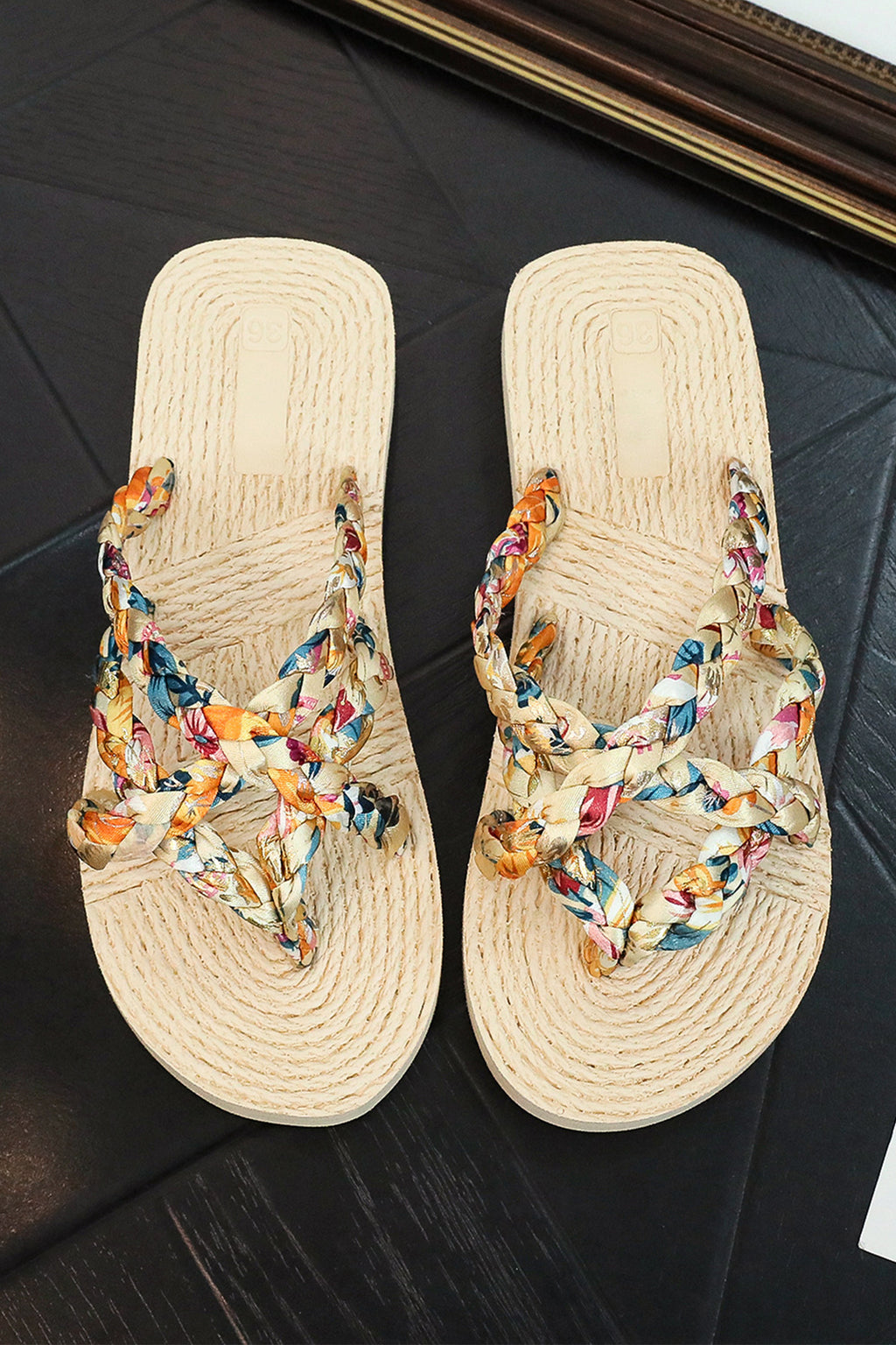 Beige Boho Printed Woven Caged Flip Flops Summer Slippers