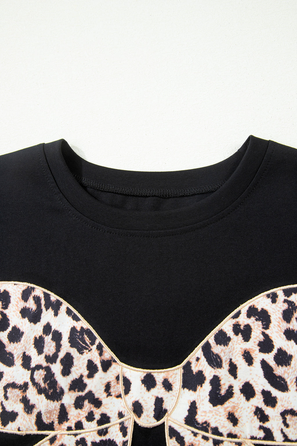 Black Leopard Bow Embroidered Cotton Round Neck T Shirt