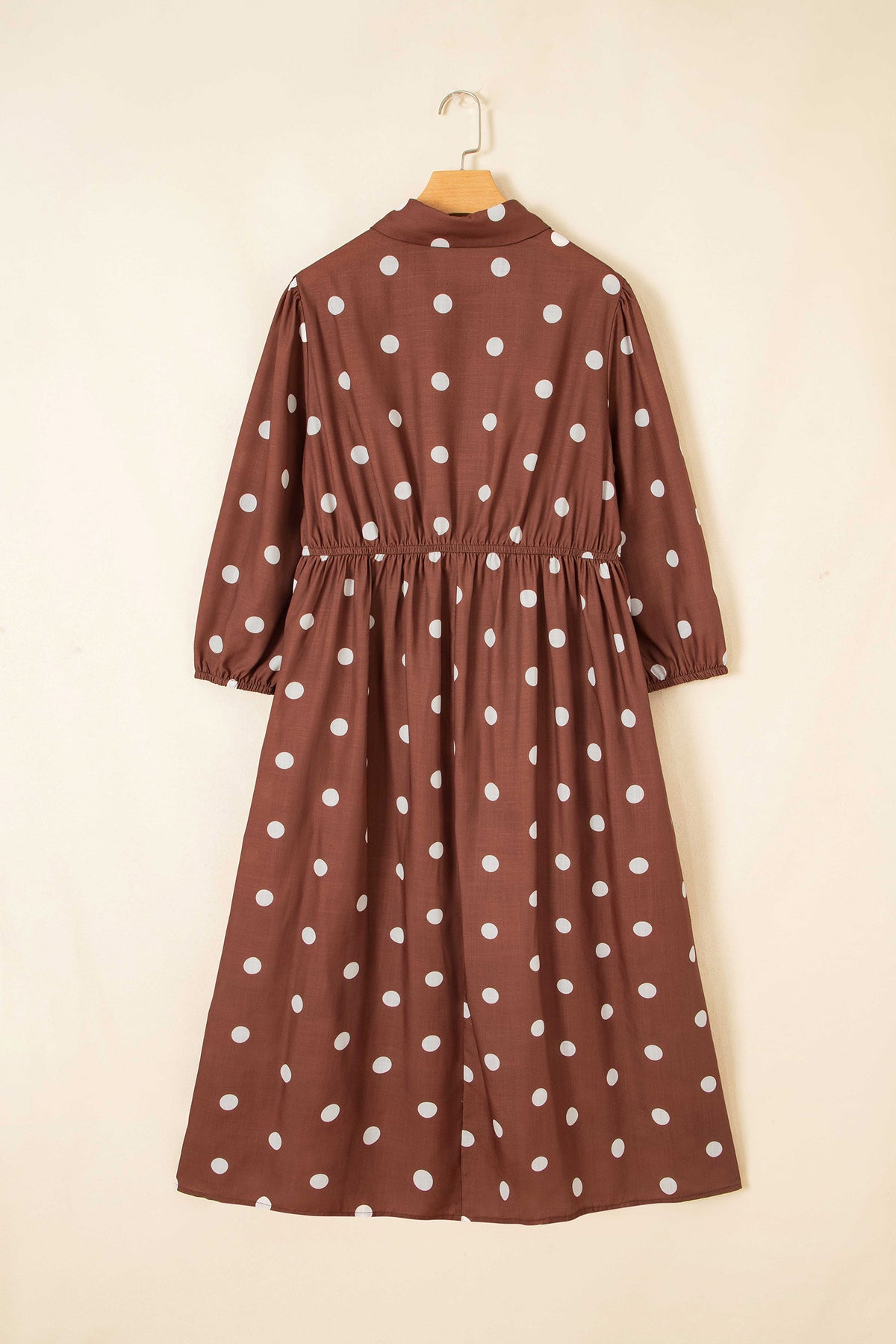 Brown Polka Dot V Neck Abdomen Pocket Gathered Cuffs Long Sleeve Shift Plus Size Dress