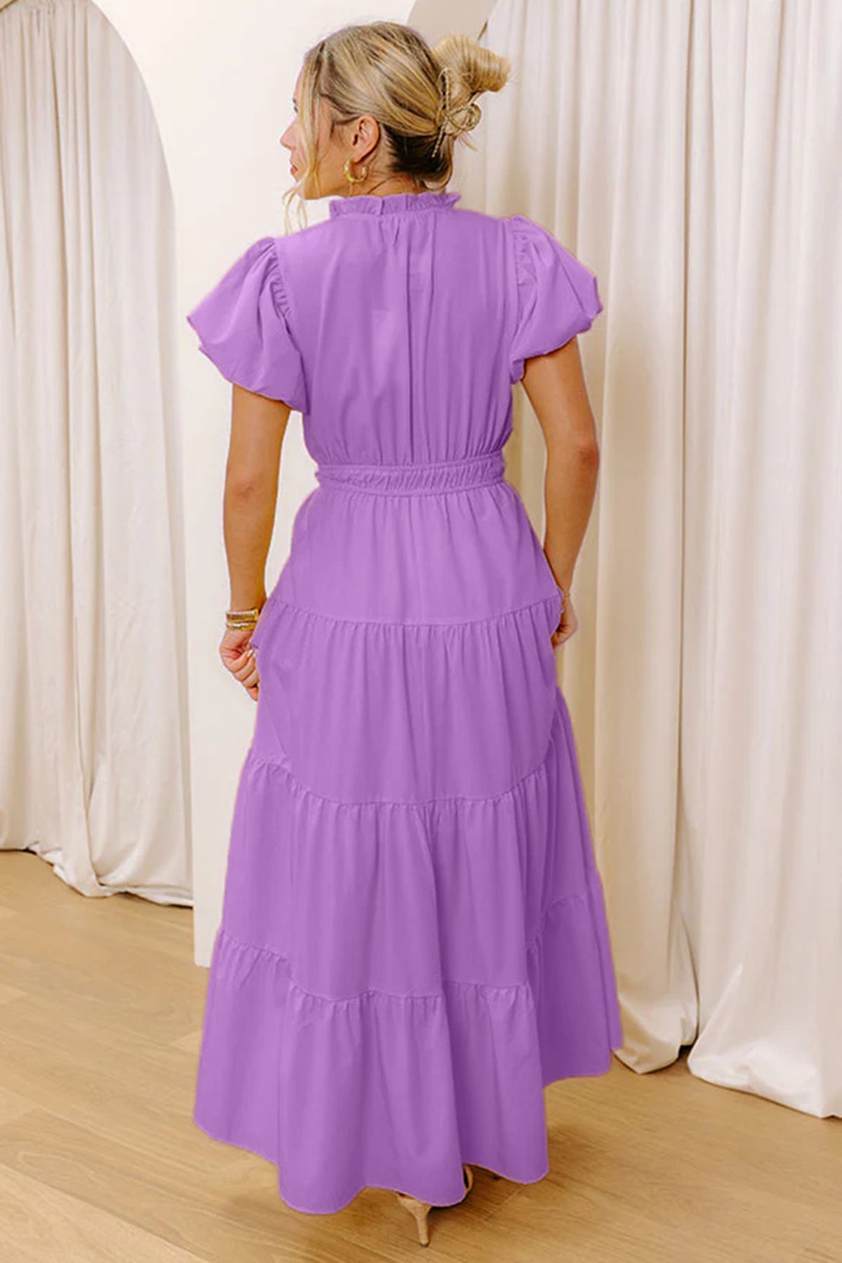 Coral Solid Color V Neck Short Puff Sleeve High Waist Tiered Maxi Dress