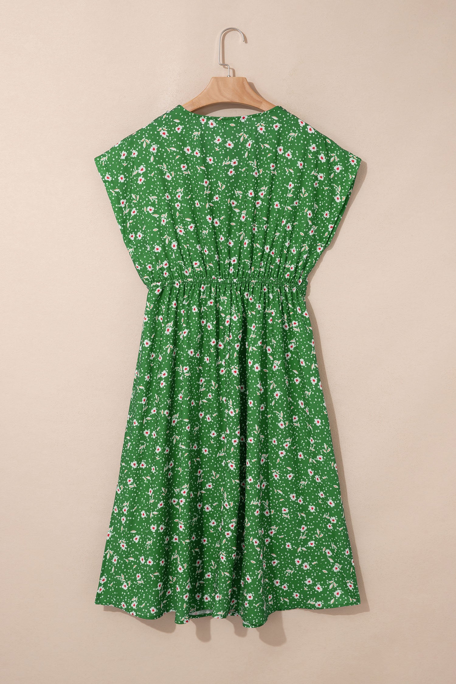 Green Abstract Print Embroidered Trim V Neck Drawstring High Waist Loose Vacation Dress