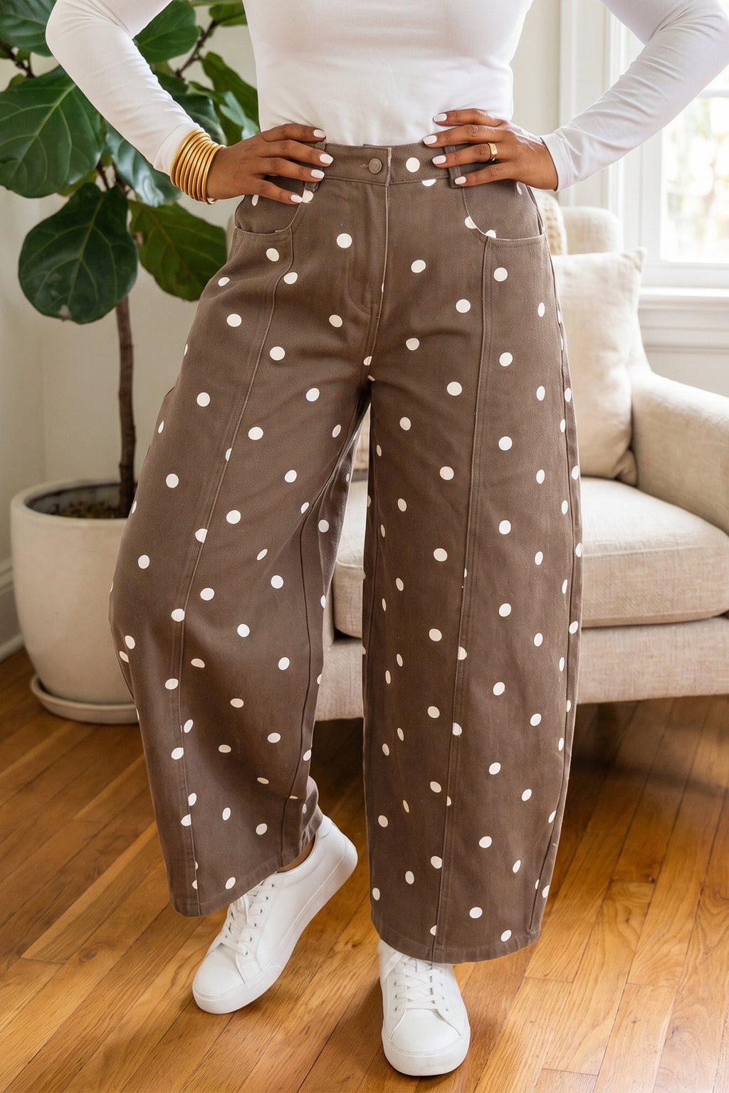 Pink Tailored Seam Polka Dot Print Barrel Casual Jeans