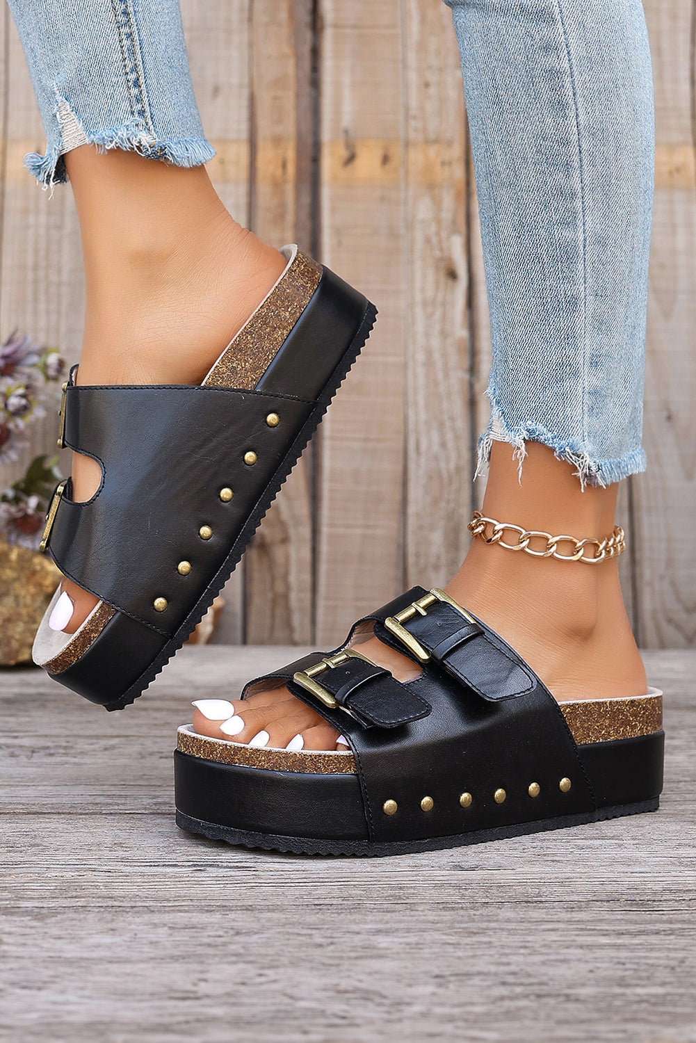 Chestnut Dual Buckle Studded Platform Sandal Slippers