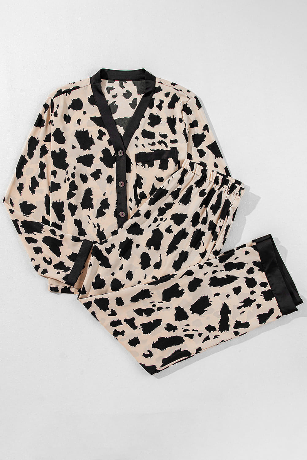 Kaki cheetah contrast trim löst fit tvådelar sömnkläder